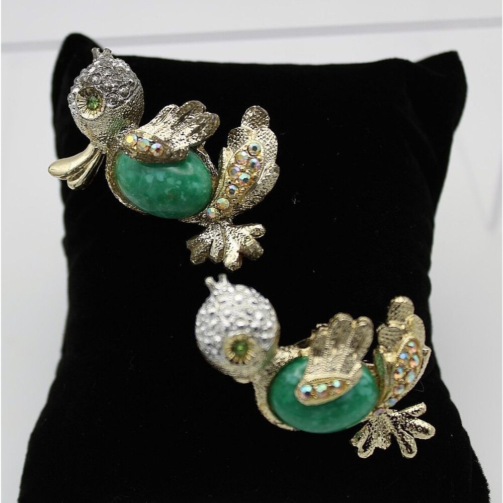 Vtg Jelly Belly Green Lucite Bird Scatter Pins Lot 2 Rhinestone Brooches